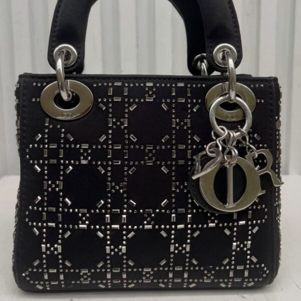 Christian Dior Mini Lady Dior Studded Cannage Satin Tote Bag Black